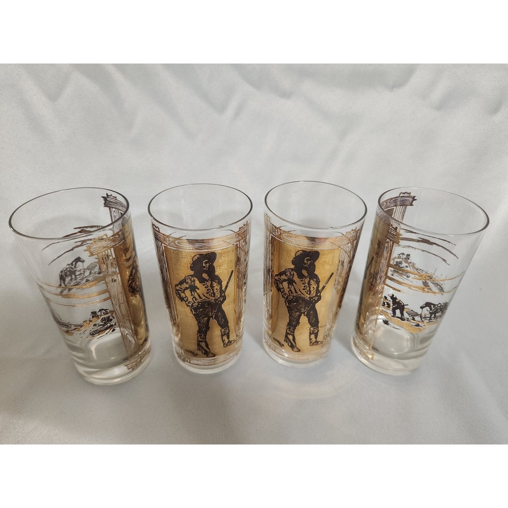 Rare MCM Charles Russell Cowboy Western 24K Gold  Highball Glass EUC Set Of 4 - Picture 5 of 8